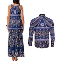 Vintage Bula Fiji Couples Matching Tank Maxi Dress and Long Sleeve Button Shirt Prussian Blue Tapa Masi Motif LT9 - Polynesian Pride