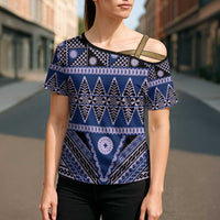 Vintage Bula Fiji Cross Shoulder Shirt Prussian Blue Tapa Masi Motif - Polynesian Pride