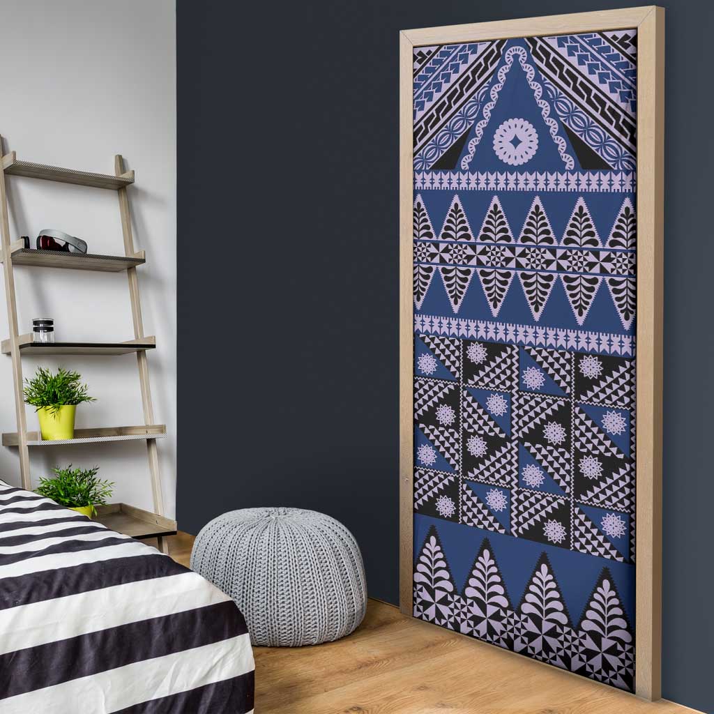 Vintage Bula Fiji Door Cover Prussian Blue Tapa Masi Motif - Polynesian Pride
