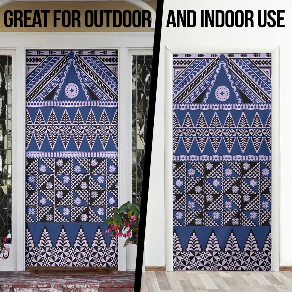 Vintage Bula Fiji Door Cover Prussian Blue Tapa Masi Motif - Polynesian Pride