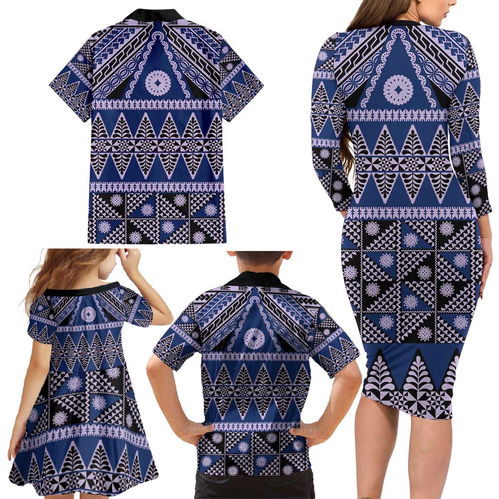 Vintage Bula Fiji Family Matching Long Sleeve Bodycon Dress and Hawaiian Shirt Prussian Blue Tapa Masi Motif LT9 - Polynesian Pride