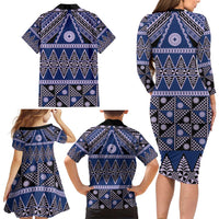 Vintage Bula Fiji Family Matching Long Sleeve Bodycon Dress and Hawaiian Shirt Prussian Blue Tapa Masi Motif LT9 - Polynesian Pride