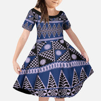 Vintage Bula Fiji Family Matching Mermaid Dress and Hawaiian Shirt Prussian Blue Tapa Masi Motif LT9 Daughter's Dress Blue - Polynesian Pride