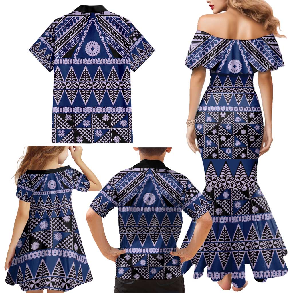 Vintage Bula Fiji Family Matching Mermaid Dress and Hawaiian Shirt Prussian Blue Tapa Masi Motif LT9 - Polynesian Pride