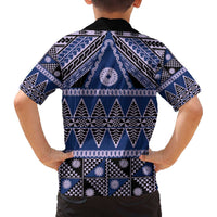 Vintage Bula Fiji Family Matching Off The Shoulder Long Sleeve Dress and Hawaiian Shirt Prussian Blue Tapa Masi Motif LT9 - Polynesian Pride