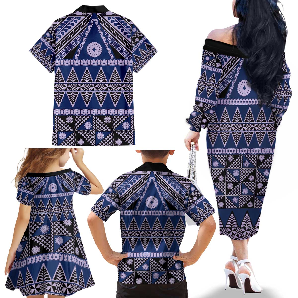 Vintage Bula Fiji Family Matching Off The Shoulder Long Sleeve Dress and Hawaiian Shirt Prussian Blue Tapa Masi Motif LT9 - Polynesian Pride