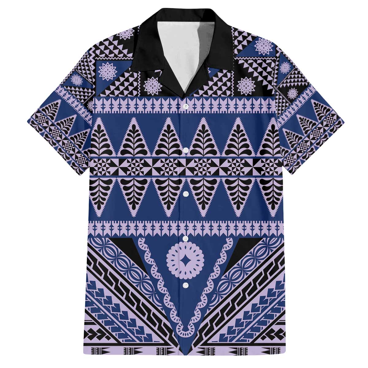 Vintage Bula Fiji Family Matching Off The Shoulder Long Sleeve Dress and Hawaiian Shirt Prussian Blue Tapa Masi Motif LT9 Dad's Shirt - Short Sleeve Blue - Polynesian Pride