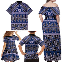 Vintage Bula Fiji Family Matching Off Shoulder Maxi Dress and Hawaiian Shirt Prussian Blue Tapa Masi Motif LT9 - Polynesian Pride