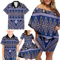 Vintage Bula Fiji Family Matching Off Shoulder Short Dress and Hawaiian Shirt Prussian Blue Tapa Masi Motif LT9 - Polynesian Pride