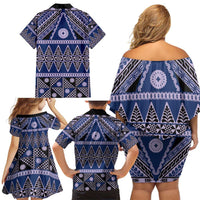 Vintage Bula Fiji Family Matching Off Shoulder Short Dress and Hawaiian Shirt Prussian Blue Tapa Masi Motif LT9 - Polynesian Pride