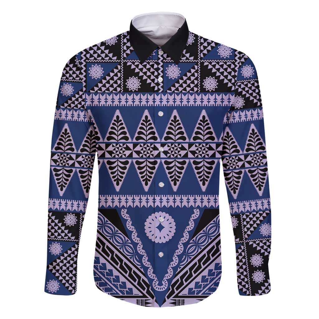 Vintage Bula Fiji Family Matching Off Shoulder Short Dress and Hawaiian Shirt Prussian Blue Tapa Masi Motif LT9 Dad's Shirt - Long Sleeve Blue - Polynesian Pride