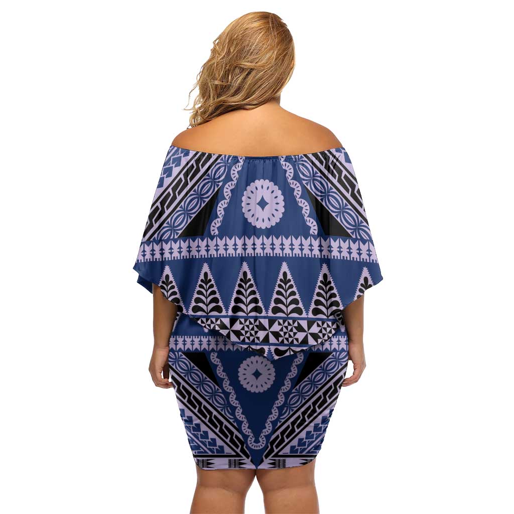 Vintage Bula Fiji Family Matching Off Shoulder Short Dress and Hawaiian Shirt Prussian Blue Tapa Masi Motif LT9 - Polynesian Pride