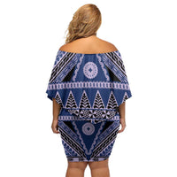 Vintage Bula Fiji Family Matching Off Shoulder Short Dress and Hawaiian Shirt Prussian Blue Tapa Masi Motif LT9 - Polynesian Pride