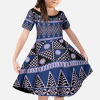 Vintage Bula Fiji Family Matching Puletasi and Hawaiian Shirt Prussian Blue Tapa Masi Motif LT9 Daughter's Dress Blue - Polynesian Pride