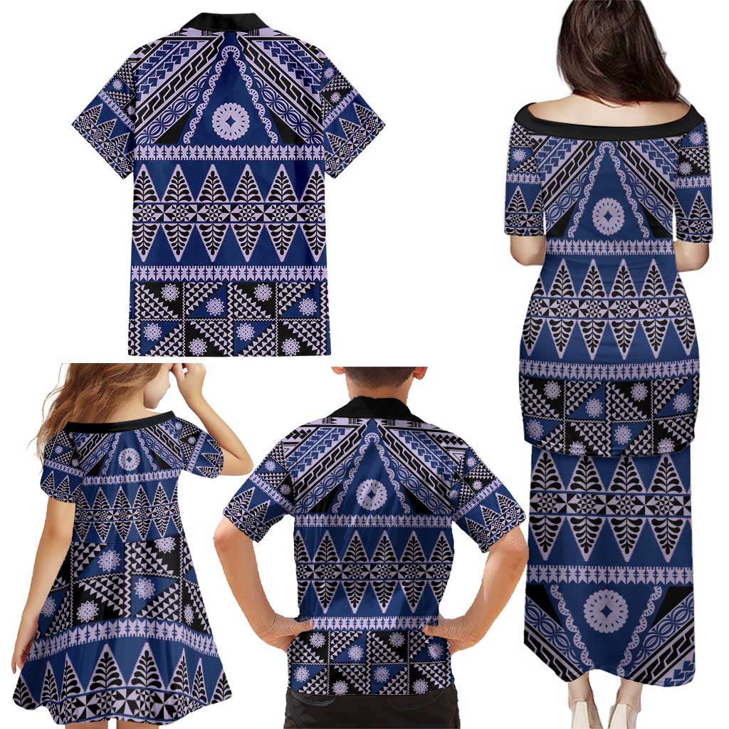 Vintage Bula Fiji Family Matching Puletasi and Hawaiian Shirt Prussian Blue Tapa Masi Motif LT9 - Polynesian Pride