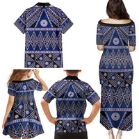 Vintage Bula Fiji Family Matching Puletasi and Hawaiian Shirt Prussian Blue Tapa Masi Motif LT9 - Polynesian Pride