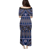 Vintage Bula Fiji Family Matching Puletasi and Hawaiian Shirt Prussian Blue Tapa Masi Motif LT9 - Polynesian Pride
