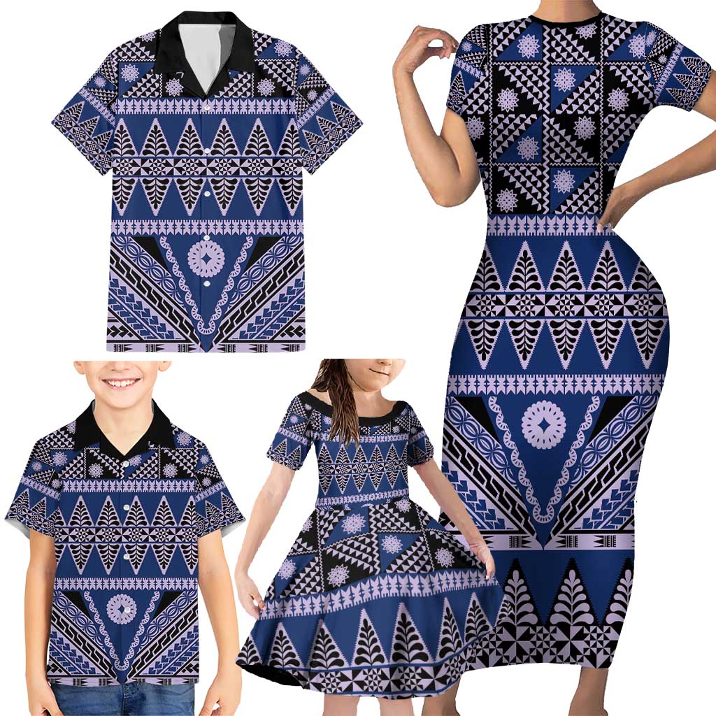 Vintage Bula Fiji Family Matching Short Sleeve Bodycon Dress and Hawaiian Shirt Prussian Blue Tapa Masi Motif LT9 - Polynesian Pride