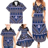 Vintage Bula Fiji Family Matching Summer Maxi Dress and Hawaiian Shirt Prussian Blue Tapa Masi Motif LT9 - Polynesian Pride
