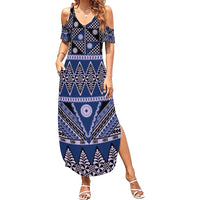 Vintage Bula Fiji Family Matching Summer Maxi Dress and Hawaiian Shirt Prussian Blue Tapa Masi Motif LT9 Mom's Dress Blue - Polynesian Pride