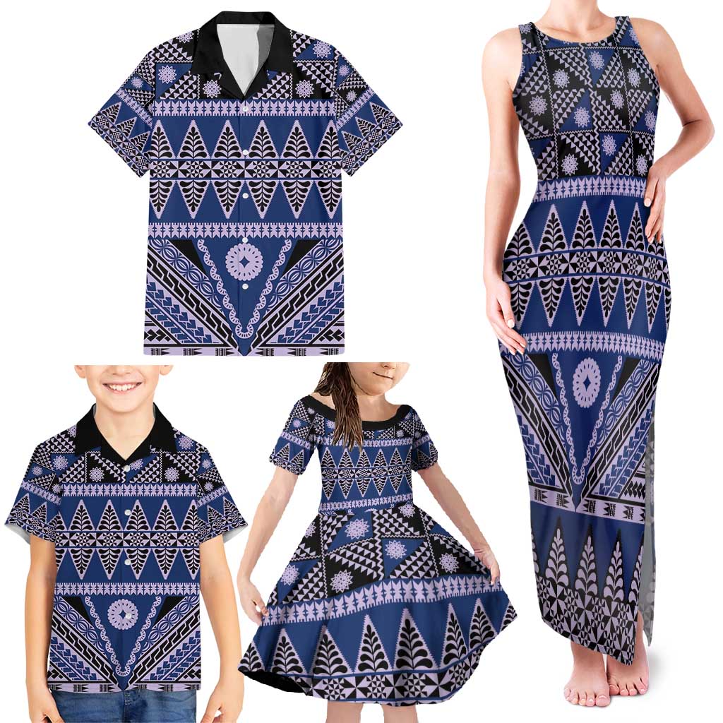 Vintage Bula Fiji Family Matching Tank Maxi Dress and Hawaiian Shirt Prussian Blue Tapa Masi Motif LT9 - Polynesian Pride