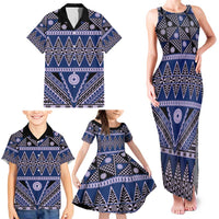 Vintage Bula Fiji Family Matching Tank Maxi Dress and Hawaiian Shirt Prussian Blue Tapa Masi Motif LT9 - Polynesian Pride