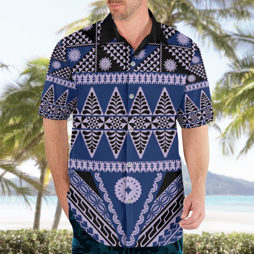 Vintage Bula Fiji Hawaiian Shirt Prussian Blue Tapa Masi Motif