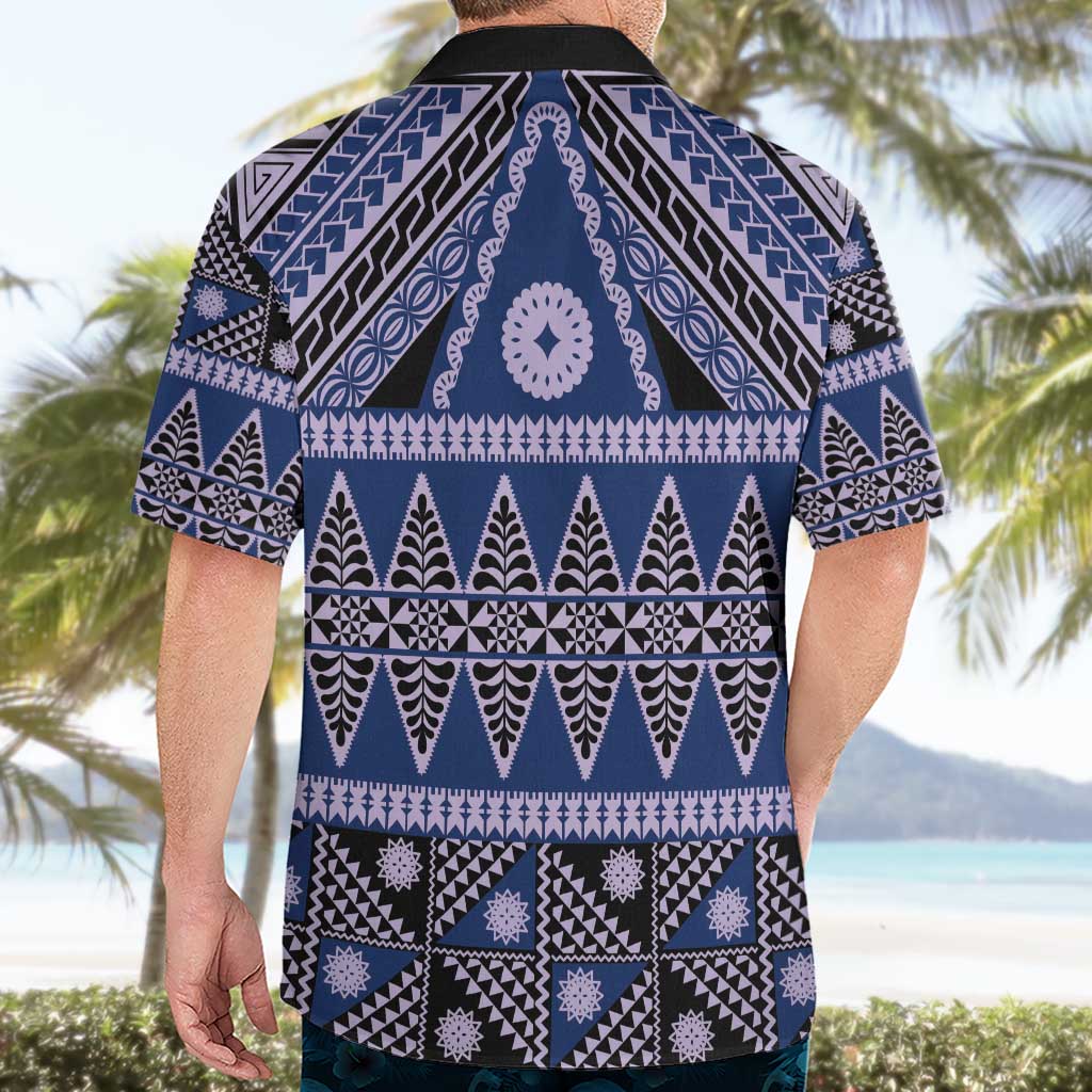 Vintage Bula Fiji Hawaiian Shirt Prussian Blue Tapa Masi Motif