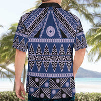 Vintage Bula Fiji Hawaiian Shirt Prussian Blue Tapa Masi Motif