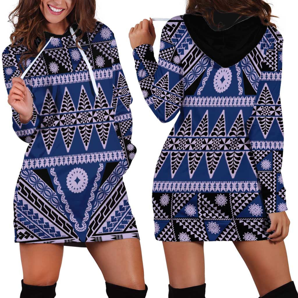 Vintage Bula Fiji Hoodie Dress Prussian Blue Tapa Masi Motif LT9 - Polynesian Pride