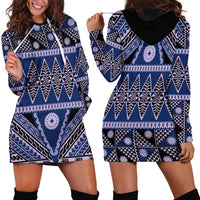 Vintage Bula Fiji Hoodie Dress Prussian Blue Tapa Masi Motif LT9 - Polynesian Pride