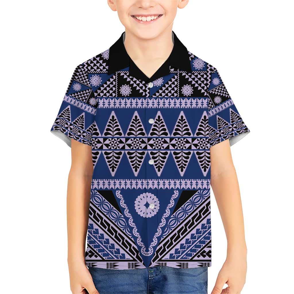 Vintage Bula Fiji Kid Hawaiian Shirt Prussian Blue Tapa Masi Motif