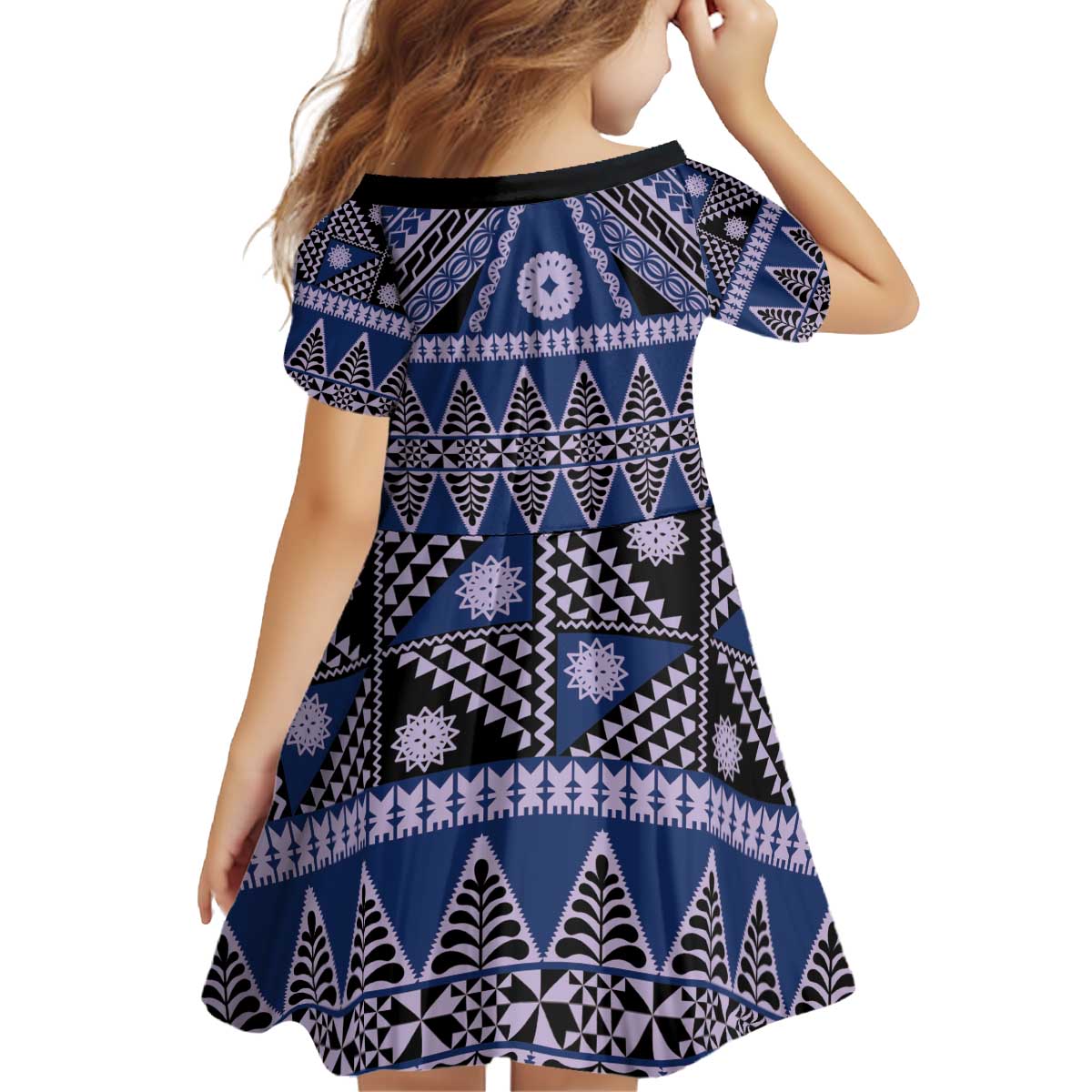 Vintage Bula Fiji Kid Short Sleeve Dress Prussian Blue Tapa Masi Motif