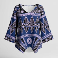Vintage Bula Fiji Kimono Sleeve Blouse Prussian Blue Tapa Masi Motif - Polynesian Pride