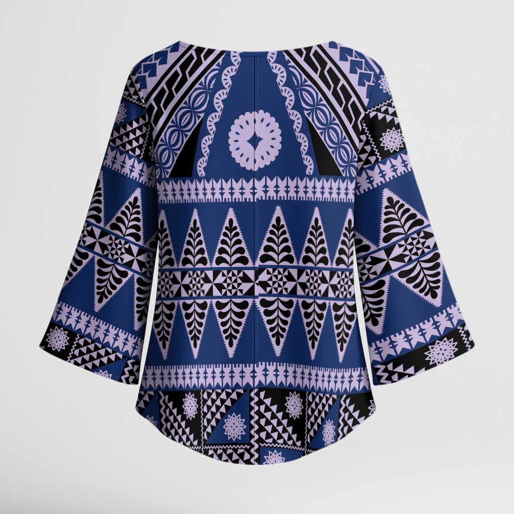 Vintage Bula Fiji Kimono Sleeve Blouse Prussian Blue Tapa Masi Motif - Polynesian Pride