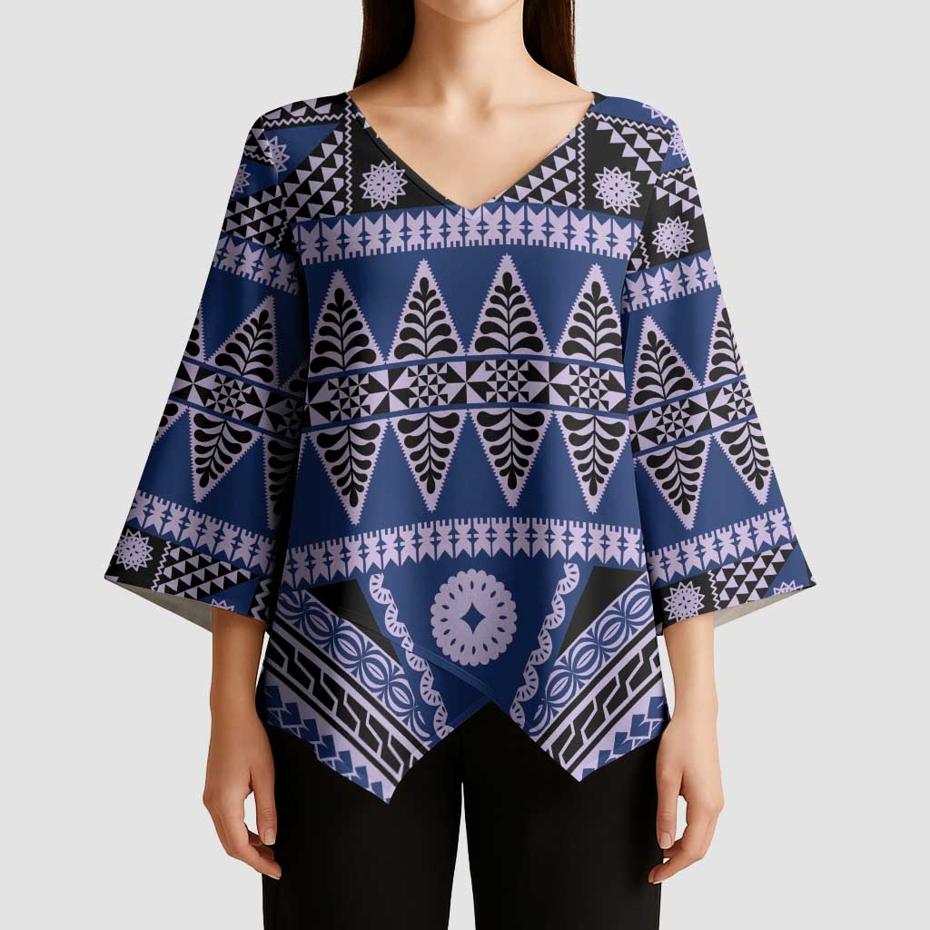 Vintage Bula Fiji Kimono Sleeve Blouse Prussian Blue Tapa Masi Motif - Polynesian Pride