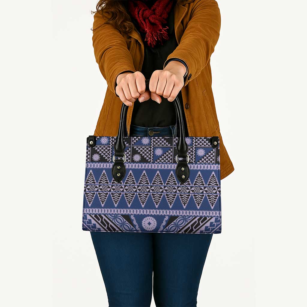 Vintage Bula Fiji Leather Bag Prussian Blue Tapa Masi Motif - Polynesian Pride
