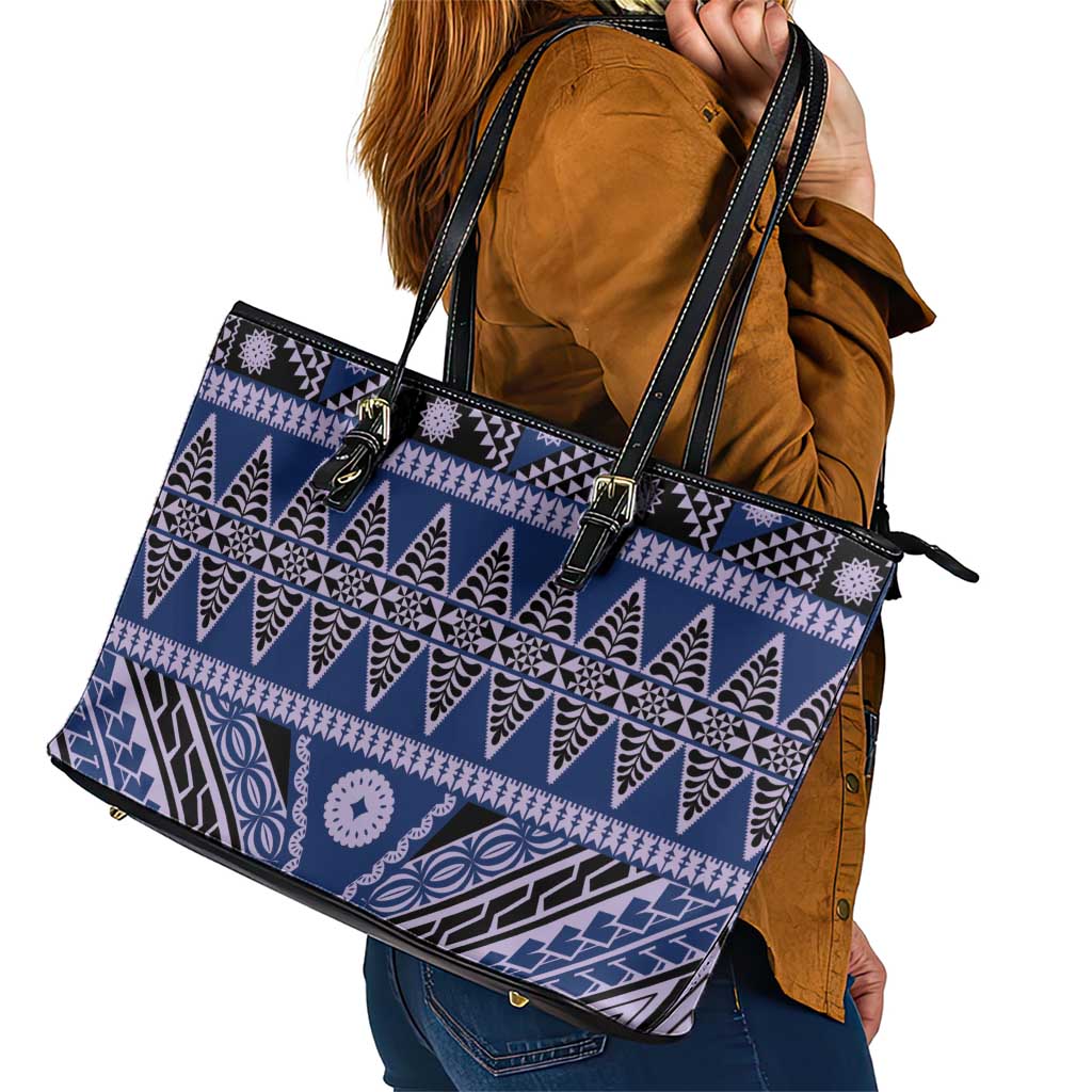 Vintage Bula Fiji Leather Tote Bag Prussian Blue Tapa Masi Motif