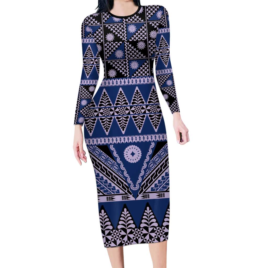 Vintage Bula Fiji Long Sleeve Bodycon Dress Prussian Blue Tapa Masi Motif LT9 Long Dress Blue - Polynesian Pride
