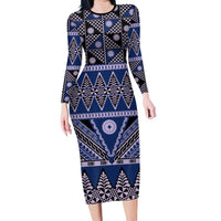 Vintage Bula Fiji Long Sleeve Bodycon Dress Prussian Blue Tapa Masi Motif LT9 Long Dress Blue - Polynesian Pride