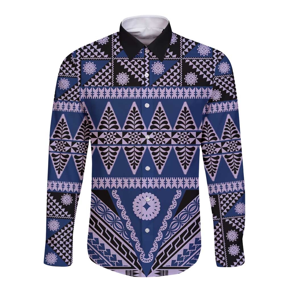 Vintage Bula Fiji Long Sleeve Button Shirt Prussian Blue Tapa Masi Motif