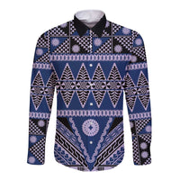 Vintage Bula Fiji Long Sleeve Button Shirt Prussian Blue Tapa Masi Motif
