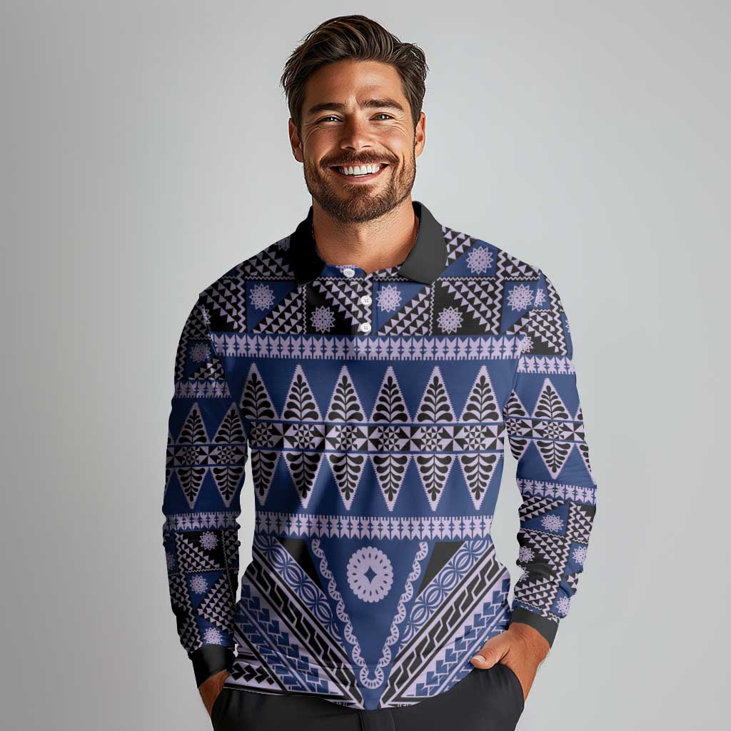 Vintage Bula Fiji Long Sleeve Polo Shirt Prussian Blue Tapa Masi Motif