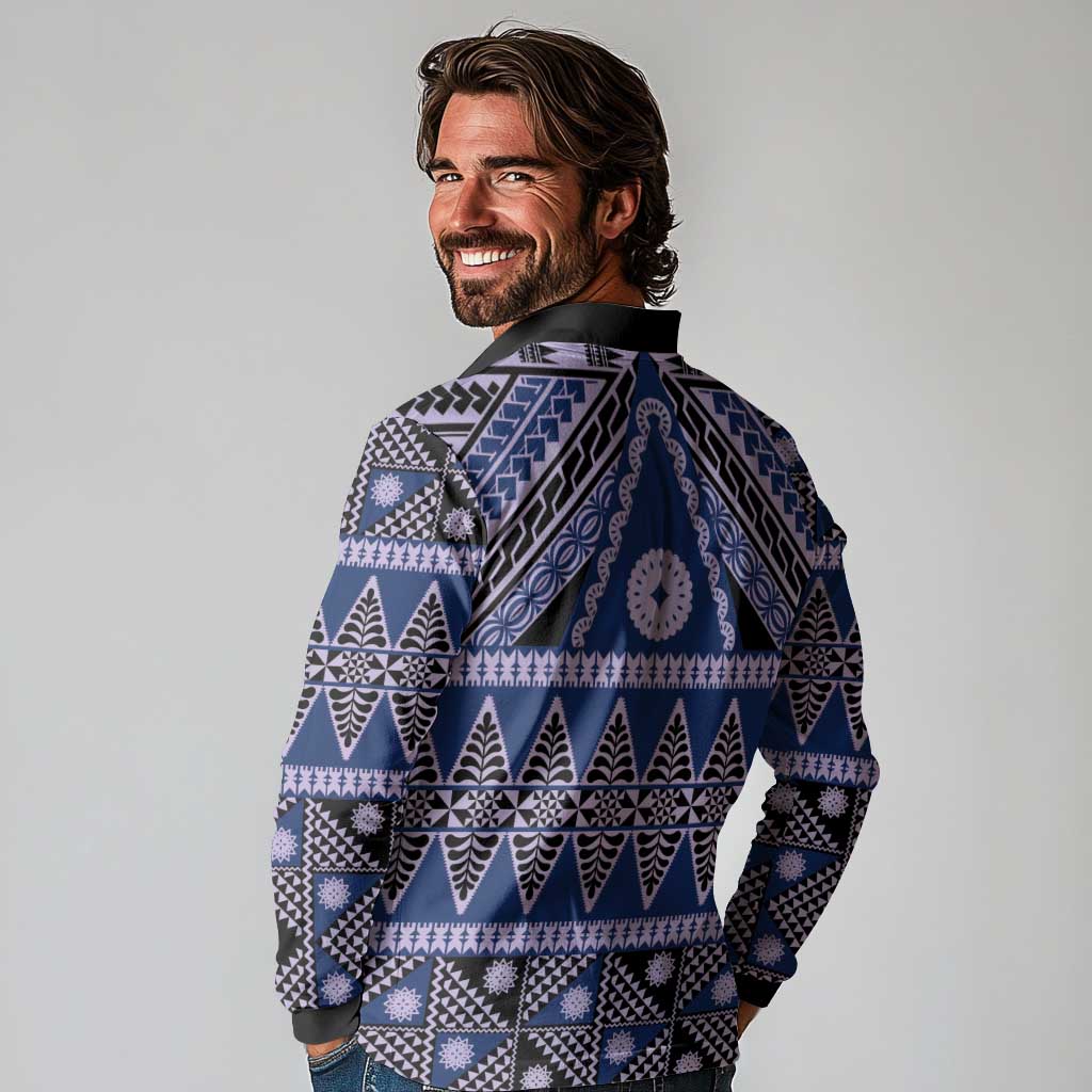 Vintage Bula Fiji Long Sleeve Polo Shirt Prussian Blue Tapa Masi Motif