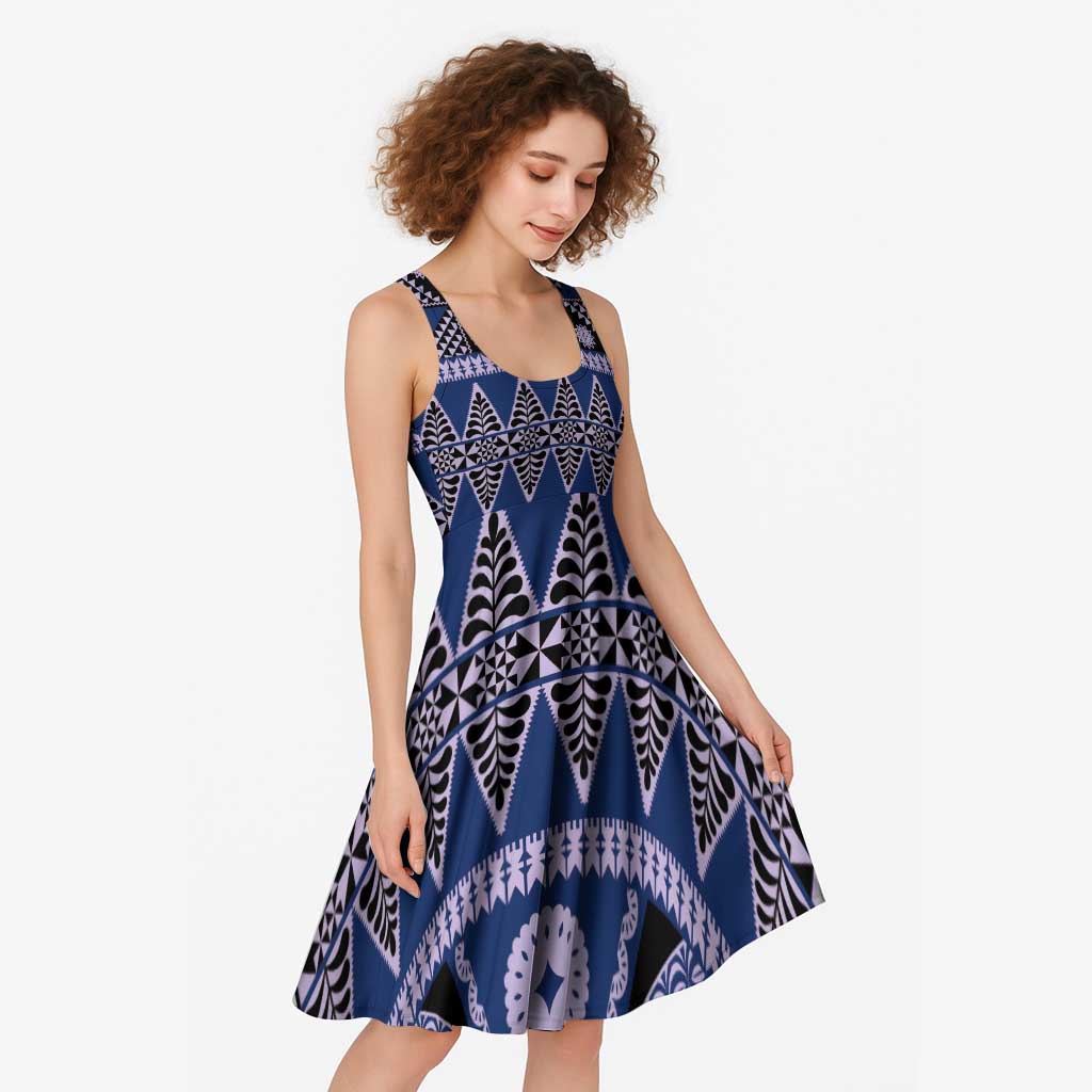 Vintage Bula Fiji Midi Dress Prussian Blue Tapa Masi Motif - Polynesian Pride