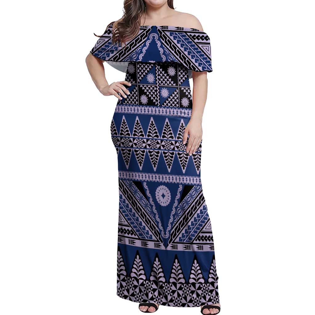 Vintage Bula Fiji Off Shoulder Maxi Dress Prussian Blue Tapa Masi Motif
