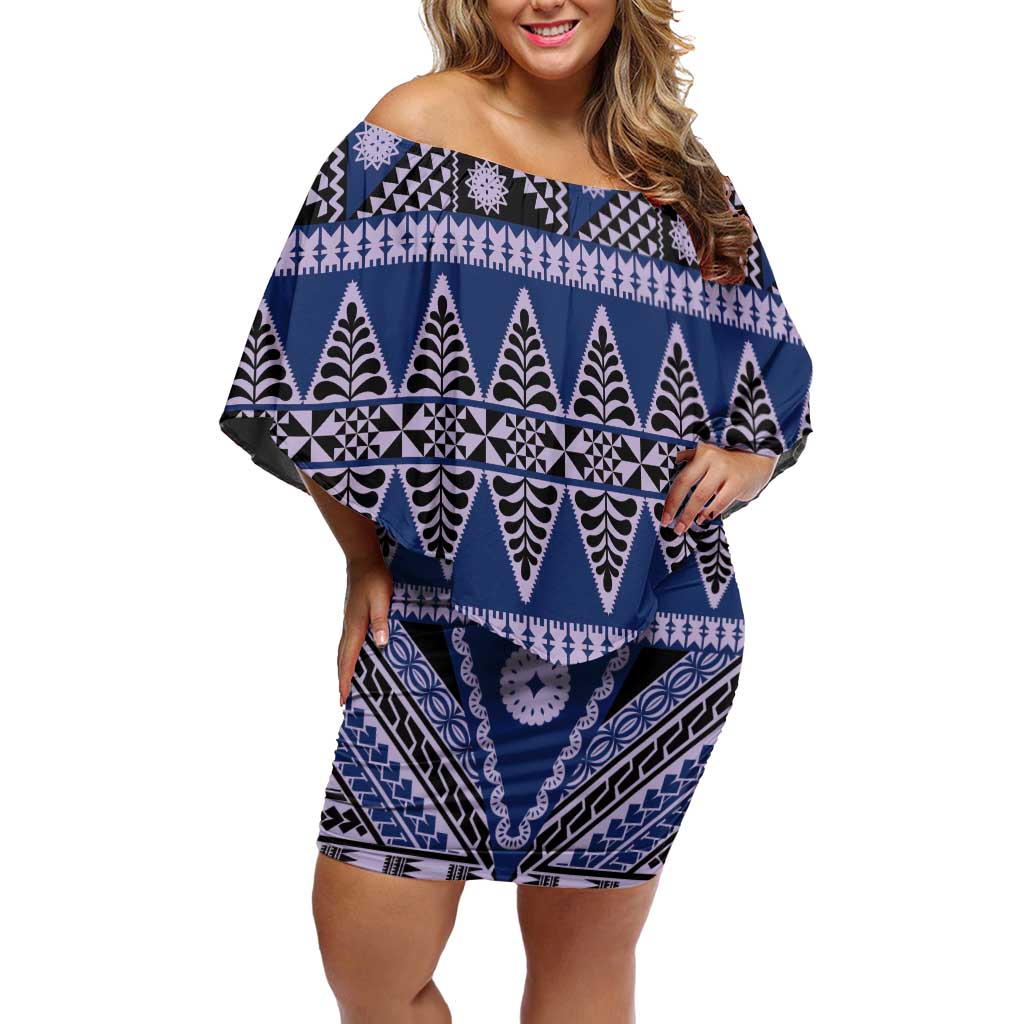 Vintage Bula Fiji Off Shoulder Short Dress Prussian Blue Tapa Masi Motif