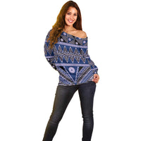 Vintage Bula Fiji Off Shoulder Sweater Prussian Blue Tapa Masi Motif