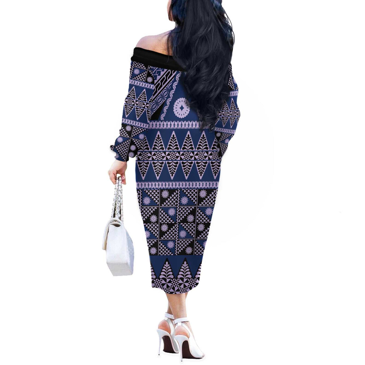Vintage Bula Fiji Off The Shoulder Long Sleeve Dress Prussian Blue Tapa Masi Motif LT9 - Polynesian Pride