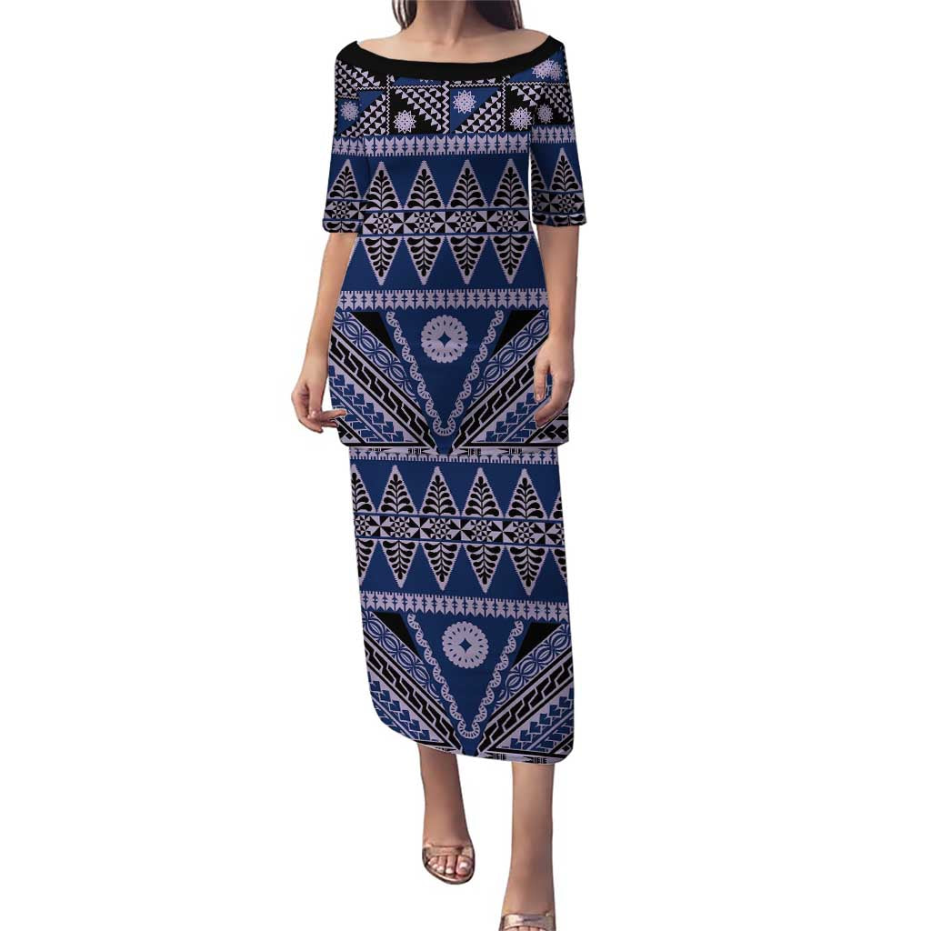 Vintage Bula Fiji Puletasi Prussian Blue Tapa Masi Motif